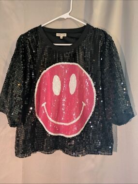 Moin / Tied Kids Black Sequin Tee with Pink Smile Graphic